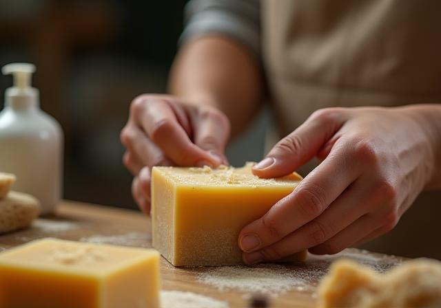 Skilled hands carefully working on crafting a natural soap bar in a well-lit workshop.