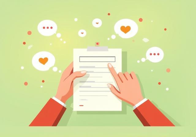 Illustration or photo showing a hand interacting with a feedback form or a person thinking with positive ideas floating around them.