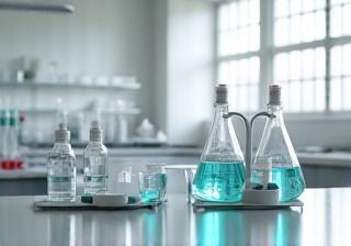Clean, organized lab environment showing beakers, scales, and small containers used for formulating natural cosmetic products.