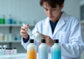 A person in a lab coat carefully inspecting finished bottles of cosmetic products on a table.