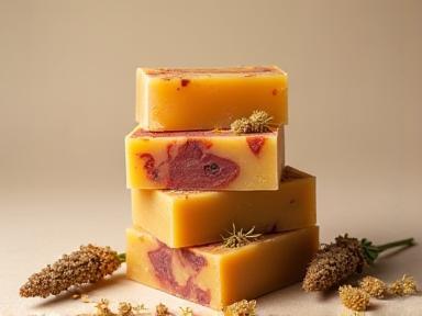 A visually appealing stack of colorful, rustic handcrafted herbal soap bars on a neutral background.