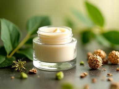 An elegant glass jar of natural skincare cream placed amongst fresh botanical ingredients.